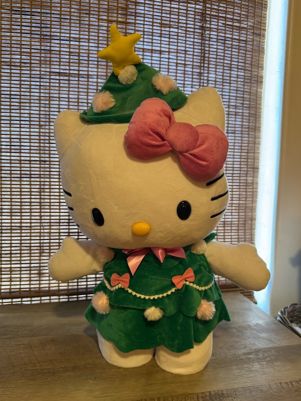 Hello Kitty Christmas Tree Greeter Plush in Green Holiday Dress with Pink Bow